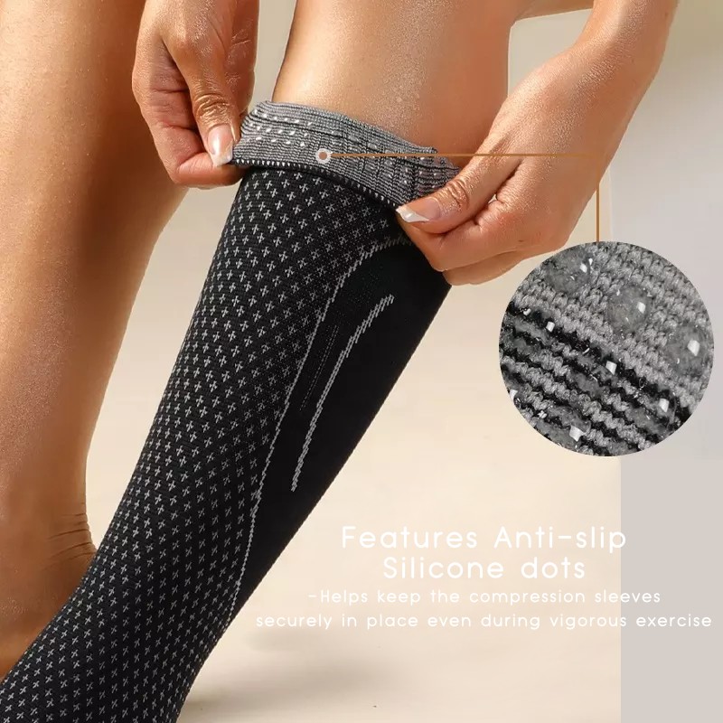 Features silicone strips that keep the compression calf support sleeve in place